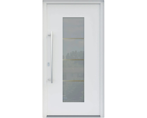 ARON HaustürARON 3141 Aluminium-Kunststoff-Verbund RAL 9016 verkehrsweiss 1000x2000 mm einseitig flügelüberdeckend DIN Links inkl.Stossgriffset,Innendrücker in Edelstahl,Profilzylinder mit 3 Schlüsseln Weisse Haustür mit Glaseinsatz und Edelstahlgriff