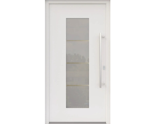 ARON HaustürARON 3141 Aluminium-Kunststoff-Verbund RAL 9016 verkehrsweiss 1000x2100 mm einseitig flügelüberdeckend DIN Rechts inkl.Stossgriffset,Innendrücker in Edelstahl,Profilzylinder mit 3 Schlüsseln Weisse Haustür mit Glaseinsatz und Griff