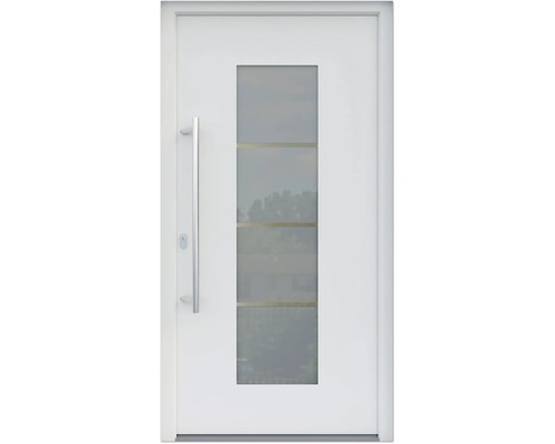 ARON HaustürARON 3141 Aluminium-Kunststoff-Verbund RAL 9016 verkehrsweiss 1000x2100 mm einseitig flügelüberdeckend DIN Links inkl.Stossgriffset,Innendrücker in Edelstahl,Profilzylinder mit 3 Schlüsseln