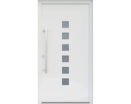 ARON HaustürARON 3151 Aluminium-Kunststoff-Verbund RAL 9016 verkehrsweiss 1000x2000 mm einseitig flügelüberdeckend DIN Links inkl.Stossgriffset,Innendrücker in Edelstahl,Profilzylinder mit 3 Schlüsseln Weisse Haustür mit sechs quadratischen Glaseinsätzen und Griff