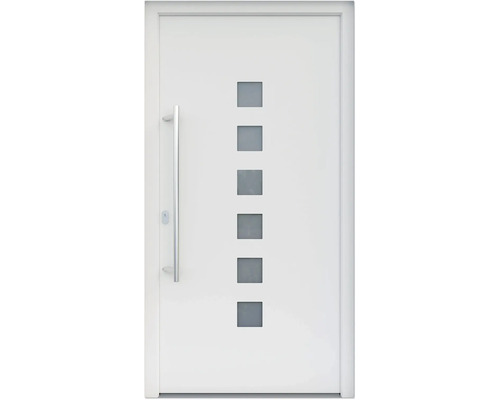 ARONPorte d'entrée ARON 3151 composite aluminium-plastique RAL 9016 blanc signalisation 1000x2100 mm recouvrant le vantail s/un côté tirant gauche y compris jeu de poignée de poussée, poignée intérieure en acier inoxydable, cylindre profilé avec 3 clés