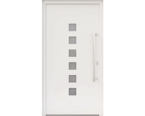 ARON HaustürARON 3151 Aluminium-Kunststoff-Verbund RAL 9016 verkehrsweiss 1100x2100 mm einseitig flügelüberdeckend DIN Rechts inkl.Stossgriffset,Innendrücker in Edelstahl,Profilzylinder mit 3 Schlüsseln Weisse Haustür mit sechs quadratischen Fenstern und Griff