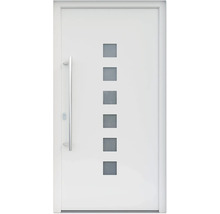 Porte d''entrée blanche avec poignée en acier inoxydable et inserts en verre carrés