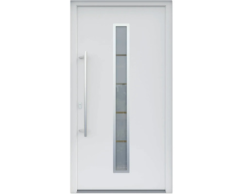 ARONPorte d'entrée ARON 3161 composite aluminium-plastique RAL 9016 blanc signalisation 1000x2100 mm recouvrant le vantail s/un côté tirant gauche y compris jeu de poignée de poussée, poignée intérieure en acier inoxydable, cylindre profilé avec 3 clés