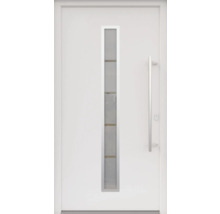 Porte d''entrée blanche avec insert en verre et poignée en acier inoxydable