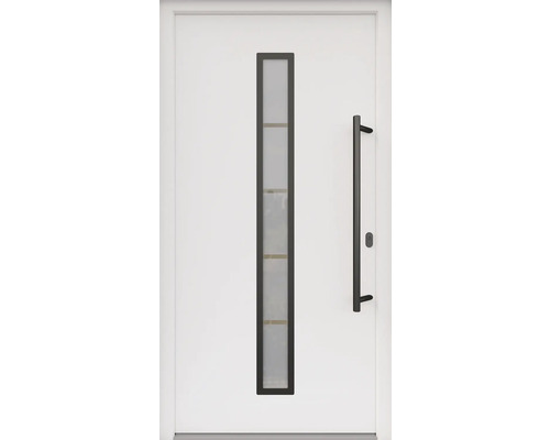 ARON Porte d'entrée ARON 3171 composite aluminium-plastique RAL 9016 blanc signalisation 1000x2000 mm recouvrant le vantail s/un côté tirant droite y compris jeu de poignée de poussée, poignée intérieure en noir, cylindre profilé avec 3 clés Porte d''entrée blanche avec insert en verre et poignée noire