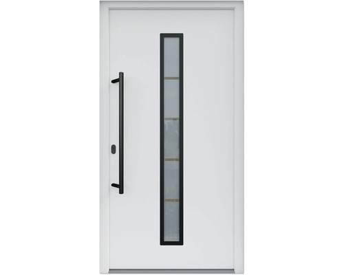 ARON Porte d'entrée ARON 3171 composite aluminium-plastique RAL 9016 blanc signalisation 1000x2000 mm recouvrant le vantail s/un côté tirant gauche y compris jeu de poignée de poussée, poignée intérieure en noir, cylindre profilé avec 3 clés Porte d''entrée blanche avec insert en verre et poignée