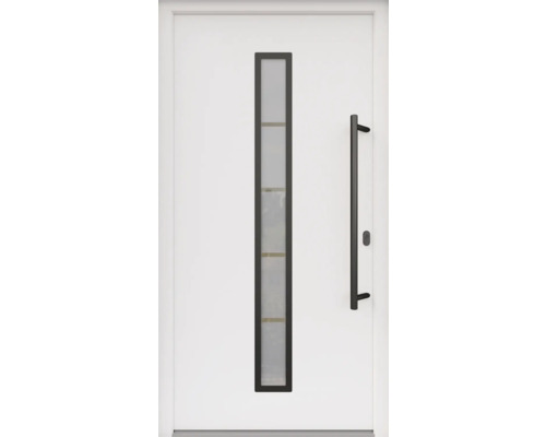 ARON Porte d'entrée ARON 3171 composite aluminium-plastique RAL 9016 blanc signalisation 1000x2100 mm recouvrant le vantail s/un côté tirant droite y compris jeu de poignée de poussée, poignée intérieure en noir, cylindre profilé avec 3 clés Porte d''entrée blanche avec vitrage et poignée