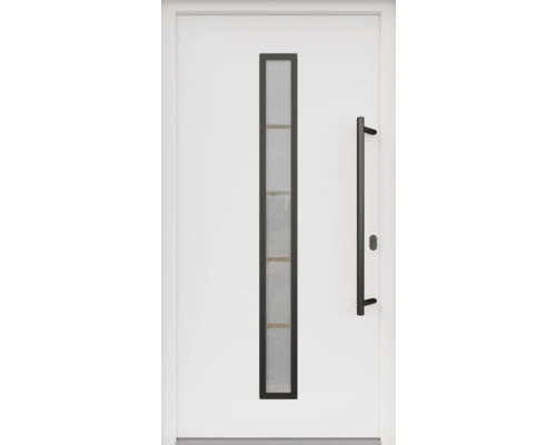 ARON Porte d'entrée ARON 3171 composite aluminium-plastique RAL 9016 blanc signalisation 1100x2100 mm recouvrant le vantail s/un côté tirant droite y compris jeu de poignée de poussée, poignée intérieure en noir, cylindre profilé avec 3 clés Porte d''entrée blanche avec vitrage et poignée noire