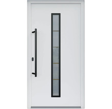 Porte d''entrée blanche avec insert en verre et poignée barre
