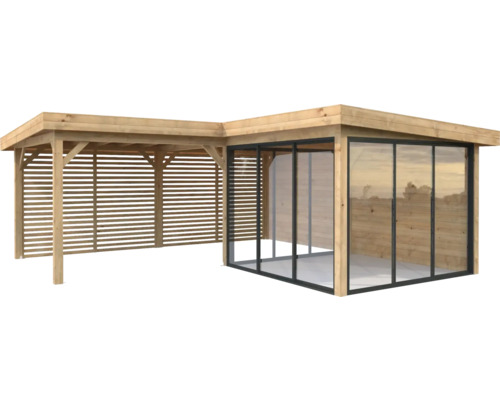 Pavillon Palmako Lenna Slide Plus 24,9 m² Set 711 588 x 588 cm tauchimprägniert braun Holz Pavillon mit Glasschiebewand und Lamellenwand