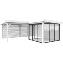 Holzpavillon mit Glasfront und Lamellenwand