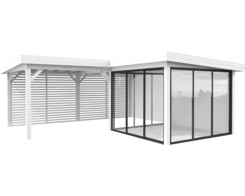 Pavillon Palmako Lenna Slide Plus 24,9 m² Set 711 588 x 588 cm weiss Holzpavillon mit Glasfront und Lamellenwand