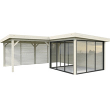 Pavillon en bois avec façade en verre et écran d''intimité latéral