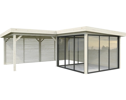 Pavillon Palmako Lenna Slide Plus 24,9 m² Set 711 588 x 588 cm naturel Pavillon en bois avec façade en verre et écran d''intimité latéral