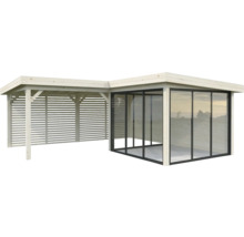 Holz Gartenhaus mit Glasfront und seitlichem Holzlamellen-Anbau