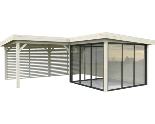 Holz Gartenhaus mit Glasfront und seitlichem Holzlamellen-Anbau