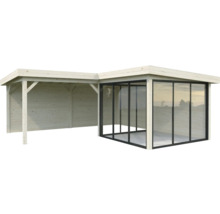 Abri de jardin en bois avec portes coulissantes en verre et zone couverte