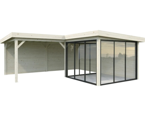 Pavillon Palmako Lenna Slide Plus 24,9 m² Set 712 588 x 588 cm naturel Abri de jardin en bois avec portes coulissantes en verre et zone couverte
