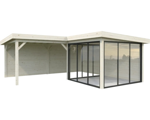 Pavillon Palmako Lenna Slide Plus 24,9 m² Set 712 588 x 588 cm tauchimprägniert Gartenhaus mit Anbau und Fensterfront