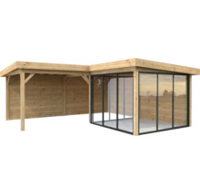 Holz Gartenhaus mit Überdachung und Glasschiebetüren