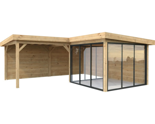 Pavillon Palmako Lenna Slide 24,9 m² Set 412 588 x 588 cm tauchimprägniert braun Holz Gartenhaus mit Überdachung und Glasschiebetüren