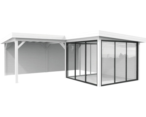 Pavillon Palmako Lenna Slide Plus 24,9 m² Set 712 588 x 588 cm weiss Holz Gartenhaus mit Veranda und Glasschiebewänden