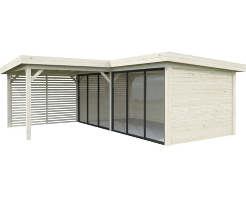 Abri de jardin avec portes coulissantes et paroi à lamelles