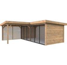 Abri de jardin en bois avec façade en verre et paroi à lamelles pour l''extérieur