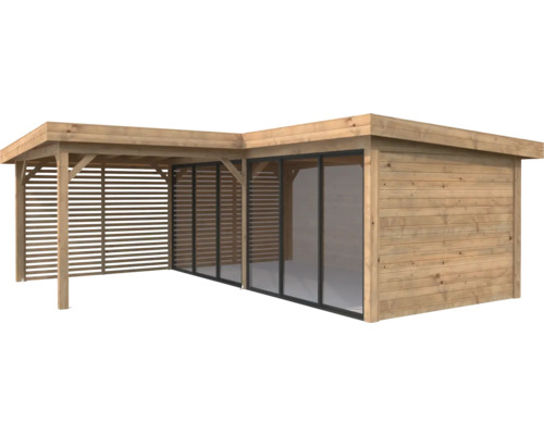 Abri de jardin en bois avec façade en verre et paroi à lamelles pour l''extérieur