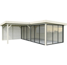 Abri de jardin en bois avec portes coulissantes en verre et paroi à lamelles