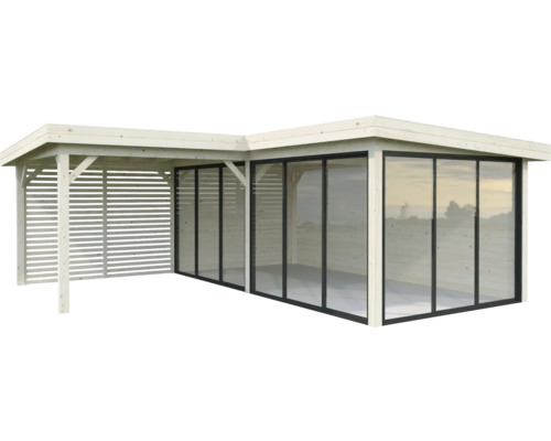 Abri de jardin en bois avec portes coulissantes en verre et paroi à lamelles