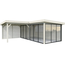 Gartenhaus mit Glasschiebewänden und Lamellenwand aus Holz