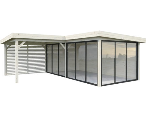 Gartenhaus mit Glasschiebewänden und Lamellenwand aus Holz