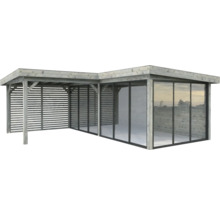 Holzpavillon mit Glasschiebewänden und Lamellenwänden für den Garten