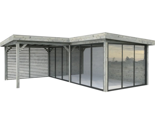 Pavillon Palmako Lenna Slide Plus 24,9 m² Set 714 588 x 588 cm tauchimprägniert grau Holzpavillon mit Glasschiebewänden und Lamellenwänden für den Garten