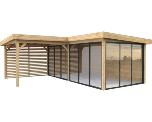 Holz Pavillon mit Lamellenwand und Glasschiebetüren