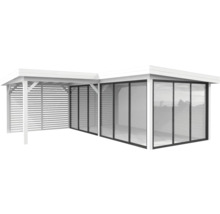 Holz Gartenhaus mit Glasfront und seitlichem Unterstand