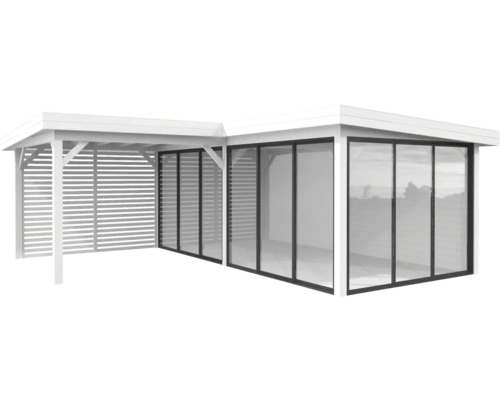 Pavillon Palmako Lenna Slide Plus 24,9 m² Set 714 588 x 588 cm weiss Holz Gartenhaus mit Glasfront und seitlichem Unterstand