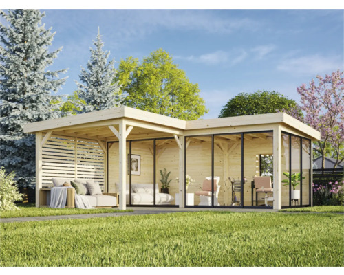 Pavillon Palmako Lenna Slide 24,9 m² Set 414 588 x 588 cm naturel Pavillon de jardin en bois avec façade en verre et coin salon
