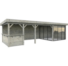 Überdachter Holzpavillon mit Bar und Glasschiebetüren