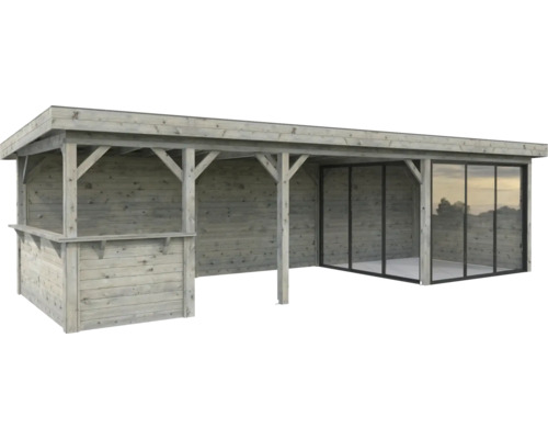 Überdachter Holzpavillon mit Bar und Glasschiebetüren