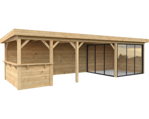 Pavillon Palmako Lenna Slide 24,9 m² Set 415 876 x 300 cm tauchimprägniert braun Holzgartenhaus mit Bar und Schiebetüren
