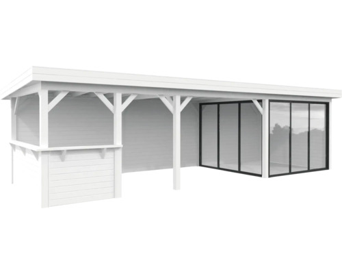 Pavillon Palmako Lenna Slide Plus 24,9 m² Set 715 876 x 300 cm weiss Weisse Gartenlounge mit Glasfront