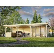 Maison de jardin en bois avec barbecue et coin salon dans le jardin