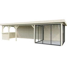 Überdachter Sitzplatz aus Holz mit Verglasung