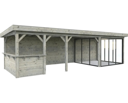 Pavillon Palmako Lenna Slide 24,9 m² Set 416 876 x 300 cm tauchimprägniert grau Holz Pavillon mit Bar und Glasschiebetüren für den Garten