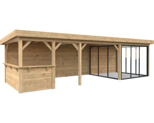 Pavillon Palmako Lenna Slide 24,9 m² Set 416 876 x 300 cm tauchimprägniert braun Holz Gartenhaus mit Überdachung und Schiebetüren