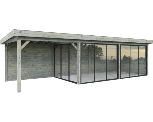 Pavillon Palmako Lenna Slide 24,9 m² Set 417 876 x 300 cm tauchimprägniert grau Holzgartenhaus mit Glasfront