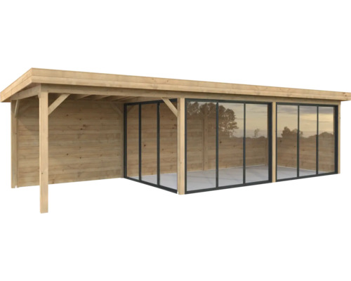 Pavillon Palmako Lenna Slide Plus 24,9 m² Set 717 876 x 300 cm tauchimprägniert braun Holz Pavillon mit Glasfront